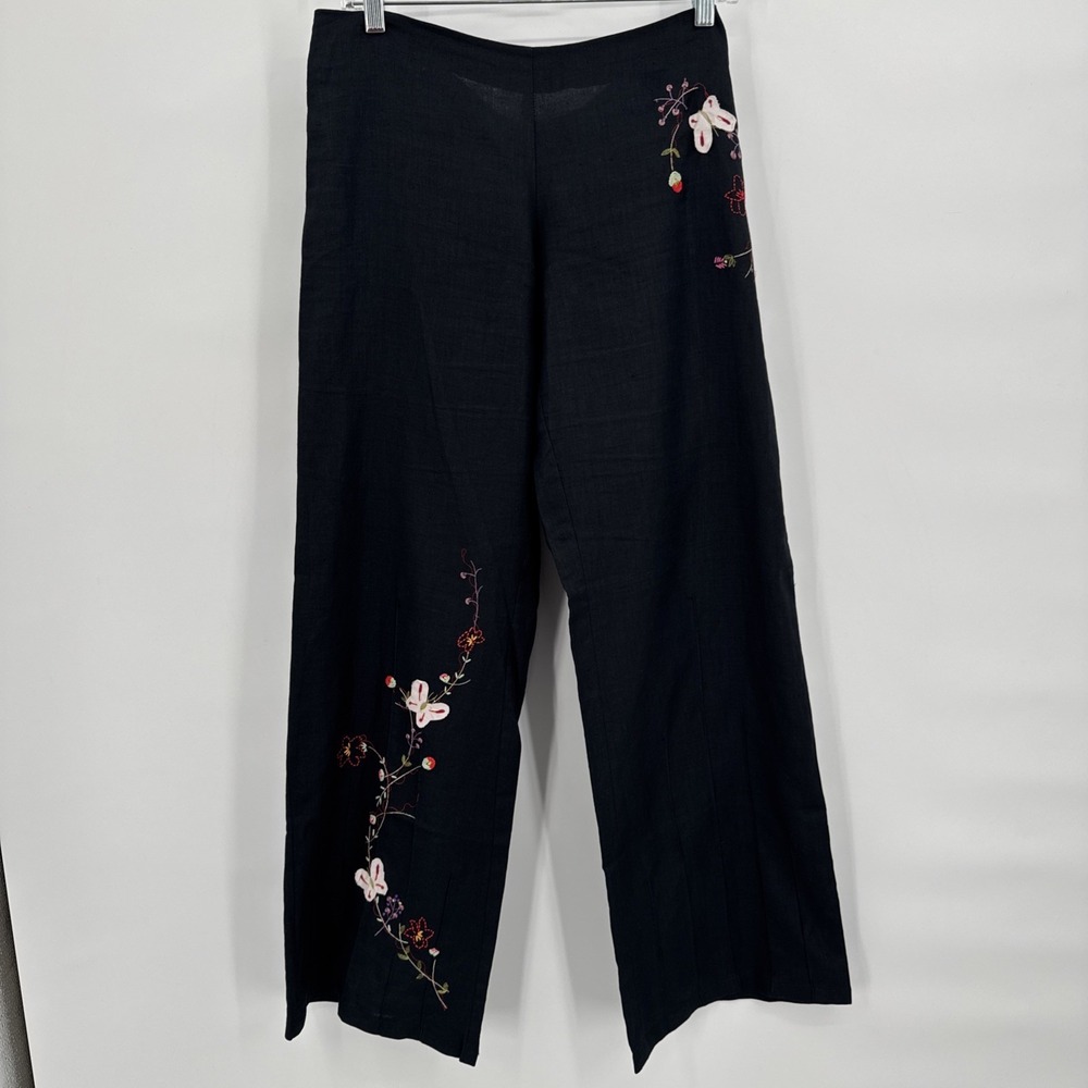 Vintage Italy Linen Wide-Leg Embroidered Womens Sz 30 Vintage Pants BOHO Hippie - Picture 2 of 16